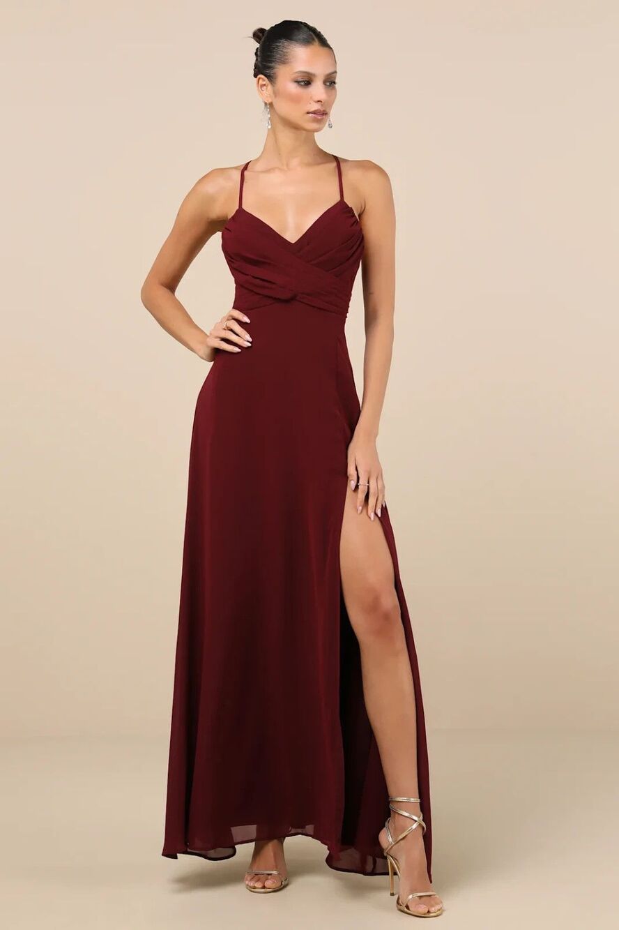 Lulus Maxi Dress Womens Medium Red Gown Lace Up Formal Bridesmaid Event Ready